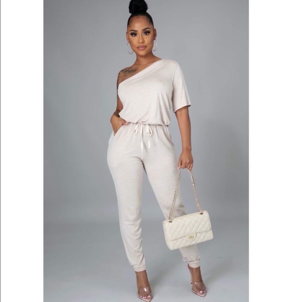 One Shoulder Jumpsuit in Oatmeal